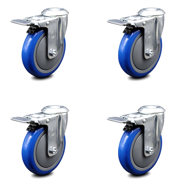 5 Inch Blue Polyurethane Swivel Bolt Hole Caster Set with Total Lock Brake SCC